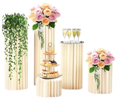 Taozhiyy 5 Stück Zylinder Blumenständer, Faltbare Papier Säule Standfuß, Blumenboden, Weiß Zylinderbasisanzeige mit PVC Panel, Präsentationsständer für Hochzeit, Geburtstag (20+40+60+80+100cm Hoch)