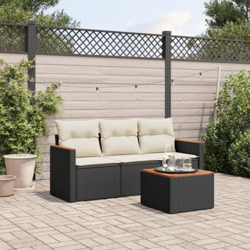Homgoday 4-TLG. Gartensofa Gartenlounge Balkonmöbel Gartenmöbel Loungemöbel Sitzgruppe mit Tisch Loungesofa Sofagarnitur mit Kissen Ecksofa für Balkon Terrasse Schwarz Poly Rattan
