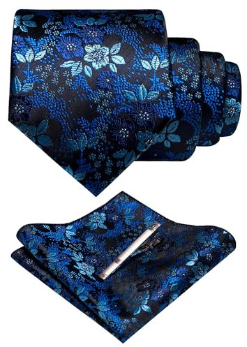 JEMYGINS Herren Blumen Krawatten und Einstecktuch Sets mit Krawattenklammer in verschiedenen Farben erhältlich,Nachtblau/Porzellanblau