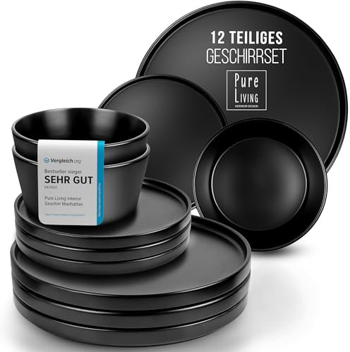 Steingut Geschirrset 4 Personen Manhattan 12 tlg. TESTSIEGER, Cooles Urbanes Steingut Geschirr Set, Schüssel- und Teller Set, Tafelservice 4 Personen, Geschirrsets Pure Living in matt Schwarz