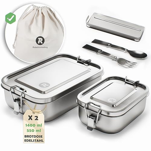 Rebelnomading Fiambrera de 1400 ml + fiambrera de acero inoxidable de 550 ml para adultos con bolsa de transporte, cuchara plegable, tenedor, a prueba de fugas, gran caja de almuerzo de acero