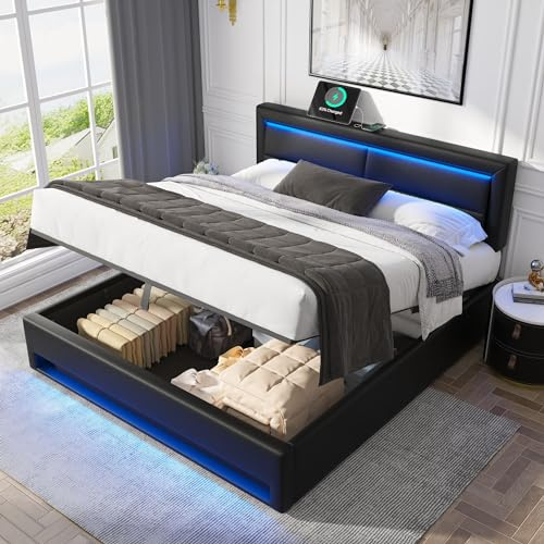 ModernLuxe Upholstered Double Bed, 4FT6 Bed Frame with Hydraulic Lever, Functional Storage Ottoman Bed with LED lighting, USB port Wireless & Wired Charging, PU-Lychee Design, Black, 135x190cm