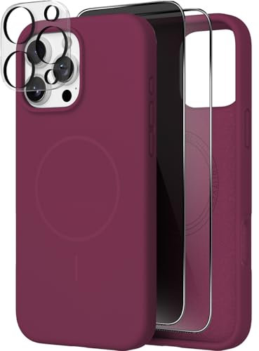 X-level Cover Silicone Per iPhone 16 Pro Con Magsafe，Custodia con Privacy Vetro Temperato e Pellicola Fotocamera，Morbido Silicone Liquido Protezione, Protettiva Antiurto Sottile 16 Pro Case - Prugna
