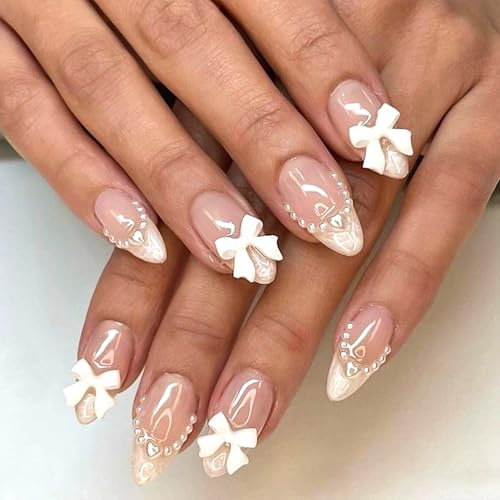 Press on Nails Short - 24Pcs Almond Pink Artificial Fake Nails with 3D Bow Tie Pearl French Tip False Nails with Glue Acrylic Reusable Press On for Women Girls
