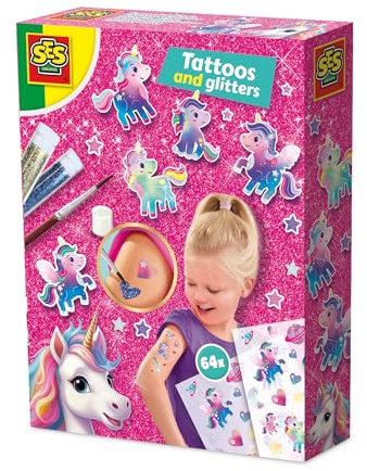 SES Creative 14724 Einhorn - Tattoos und Glitzer - Kreatives Bastelset für Kinder ab 5 Jahren - Enthält Einhorn-Tattoos und Glitzerkleber - Perfekt für Partys