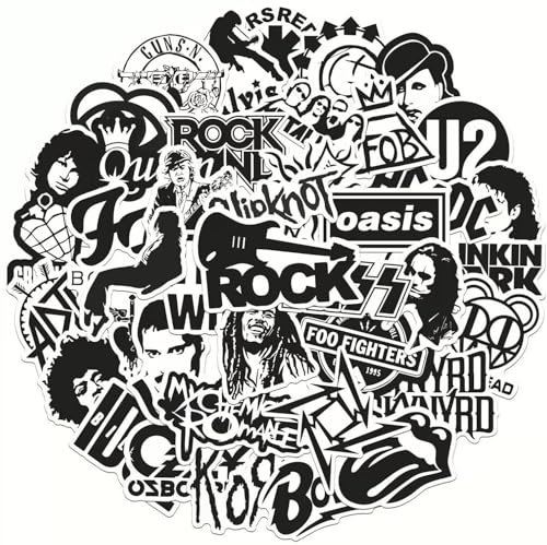Black and White Music Rock Band Stickers Pack Decal Vinyl Waterproof Cute Aesthetic Decorations Guitar Laptop Bicycle Helmet Scrapbook Water Bottle Phone Case Gifts for Adult Teens 50 PCS