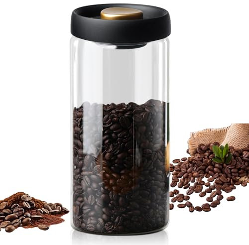 BORDEAG Kaffeedose mit Vakuumdeckel, 1800ml Kaffeedose Luftdicht, Kaffeebohnen Behälter aus Glas, Kaffeebohnen Aufbewahrung, Vakuum Kaffeedose für Tee Kakao Nüsse Länger (Schwarz)