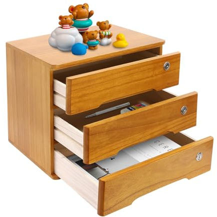 Organizzatore da scrivania in legno con 3 cassetti e serrature, stabile cassettiera per ufficio, 40 x 28 x 31 cm