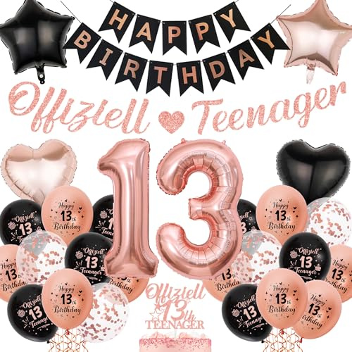 Decorazione per 13 compleanno, ragazza, oro rosa, nero, decorazione ufficiale per adolescenti, decorazione di compleanno, ghirlanda con numero di palloncini, decorazione per torte e palloncini in