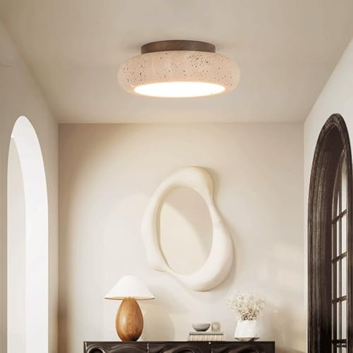 Kikioo Plafoniera in travertino Giallo in Stile Giapponese, Lampada da soffitto in Pietra Wabi Sabi, Cilindro LED da 18 W Vintage Vicino al soffitto per Camera da Letto Ingresso Ingresso Cucina Foyer