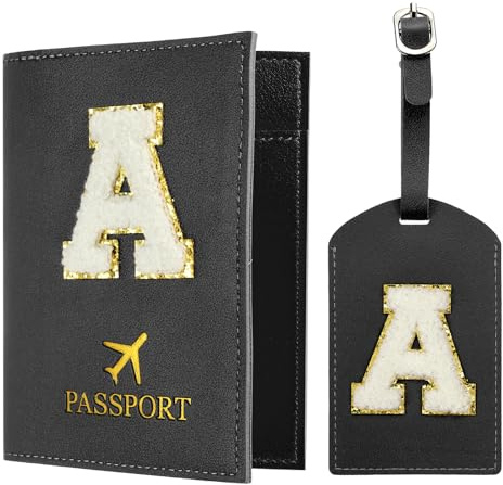 PATIKIL Porta Passaporto da Viaggio, Custodia per Passaporto con Iniziale e Set Etichetta Bagaglio con Toppa in Lettera Chenille, Portafoglio da Viaggio e Identificatore Valigia, Nero A