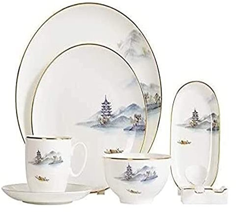 SGKOMN Service de Table de Luxe pour la Famille, Service de Table en Porcelaine Anglaise, Tasses et soucoupes, Service de Table d'hôtel de Style Chinois, Vaisselle Clear W