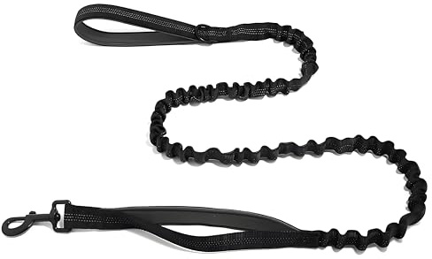 BROUAURPE Bungee-Hundeleine mit Stoßdämpfung, Doppelgriffe für Zugkontrolle, reflektierendes Nylon, Haken aus Zinklegierung, D-Ring für Kotbeutel, Schwarz, M