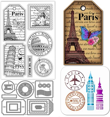 GLOBLELAND Famous Vintage Buildings Postage Clear Stamps Cutting Dies PET Painting Stencils for Card Making Windmill Postage Stamps Silicone Stamp Die Cuts PET Stencils for DIY Scrapbooking