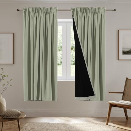 H.Versailtex 100% Blackout Thermal Curtains, Short Pencil Pleat Curtain for Bedroom Decor Thermal Insulated Window Treatments Light Blocking, Room Darkening, W66 X L54Inch, 2 Panels, Light Sage