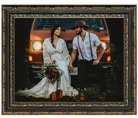 FOLKOR Bilderrahmen Vintage A4 (21x29,7cm) für Galerie Wanddekoration, Vintage Fotorahmen mit Ständer für Wohnzimmer Schlafzimmer, Rococo Dekorrahmen für Hochzeits- und Reiseporträts (Schwarz Gold)