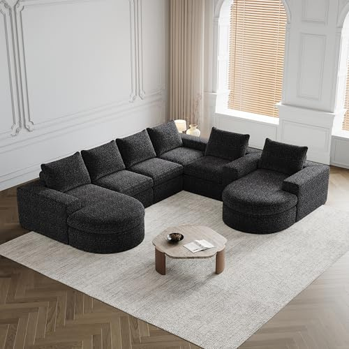 Dolamaní Ecksofa modulares Kombinationssofa, Pure Foam Installation-Free Eckcouch, 5-6 Sitzer Sofa mit gebogenen Elementen und Liegestuhl, Chenille (Black B)