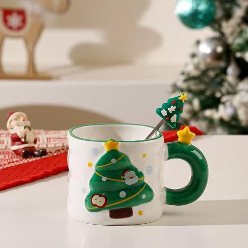 VollfitYYu Graziosa tazza di Natale a forma di cartone animato 3D, in rilievo, per albero di Natale, in porcellana, con cucchiaio, regalo per donne, uomini, ragazze, colleghi, amici (verde)