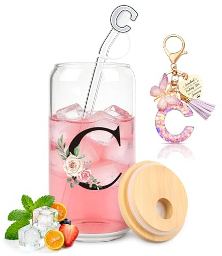 TUZELIYA C Personalisierte Geschenke mit Buchstaben – Glasbecher mit Deckel & Strohhalm + Schlüsselanhänger Buchstabe, Geschenk für Frauen & Mädchen, Geburtstag, Valentinstag & Weihnachten