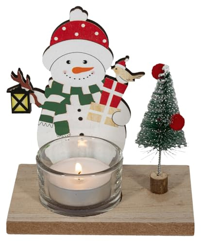 HGD CD49-2700 - Teelichthalter Schneemann - 11 x 7 x 12 cm - Winterliche Deko aus Holz - Stimmungsvolle Weihnachtsbeleuchtung