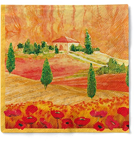 Sovie HORECA Tissue Servietten LOMBARDIA, 3-lagig, 40 x 40 cm, 100 Stück – herbstliches Design mit toskanischer Landschaft in warmen Farben – stilvolle Servietten für Tischdeko & Gastronomie
