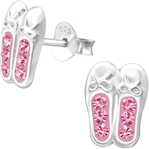 JAYARE Kinder Ohrringe Mädchen Ballerina-Schuhe Ohrstecker Silber 925 Sterling Ballett Stecker Glitzer-Kristalle rosa pink