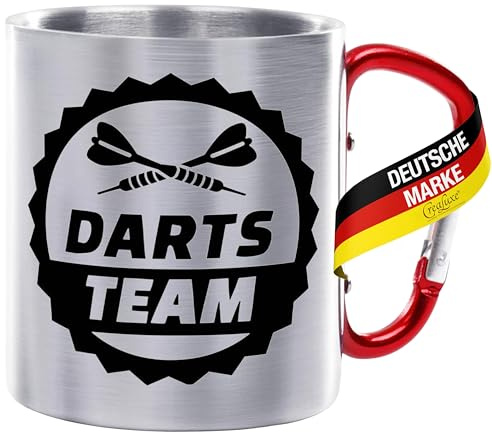 CreaLuxe Edelstahltasse mit Karabiner 'Darts Team' Tasse bedruckt, Kaffeetasse, Bürotasse, Metalltasse