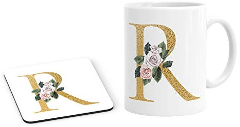 Personalised Initial R Any Letter Gold Floral Rose Mug and Coaster Set Coffee Tea Cup