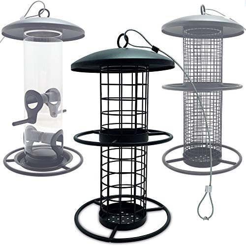 zooprinz Premium XL Vogelfutterspender mit stabilen Sitzringen und Schutzdach für Wildvögel – witterungsbeständig und langlebig – Dank des Stahlseils schnell aufgehängt - Meisenknödelhalter