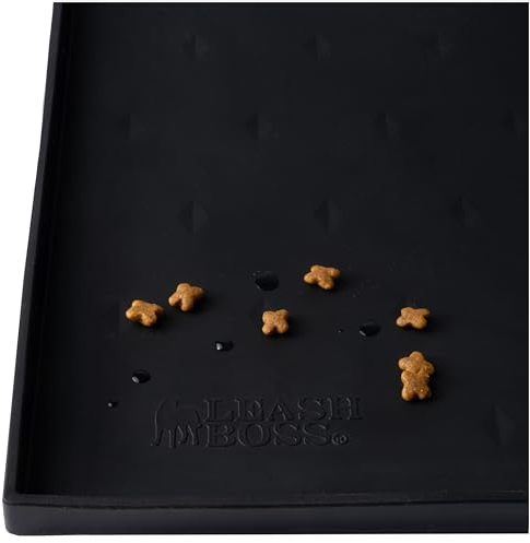 Leashboss Spritzmatte Medium/Gross – Napfunterlage Katzen & Hund mit Großer Lippe, Rutsch- und Wasserfeste Silikon Napfunterlage für Futter, Wasser oder Brunnen (51 x 33 cm, Schwarz)