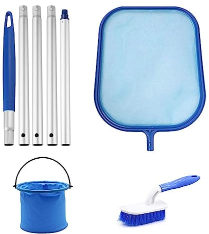 Lifreer Hot Tub Cleaning Kit Pool Skimmer Net Set with 5 Pole Section, Paddling Pool Brush and Collapsible Bucket for Cleaning Swimming Pool, Hot Tub and Spa