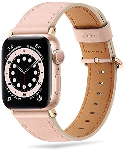 Tasikar Compatible with Apple Watch Strap 49mm 45mm 44mm 42mm, Genuine Leather Women Replacement Strap Compatible with Apple Watch Ultra SE, Series 9/8/7/6/5/4/3 (Pink Band + Rose Gold Adapter)
