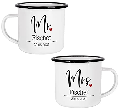 Herz & Heim® Hochzeitsgeschenk Emaille Tassen Set mit Aufdruck der Namen der Liebenden Mr. & Mrs.
