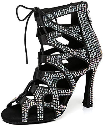 SWDZM Scarpe da Ballo Strass Donna Latino Americano Aperti in Punta Strass Sala da Ballo Standard Modern Tango Professionali la Pratica Stivali da Ballo,L439,Nero,Tacco-9CM,EU 37
