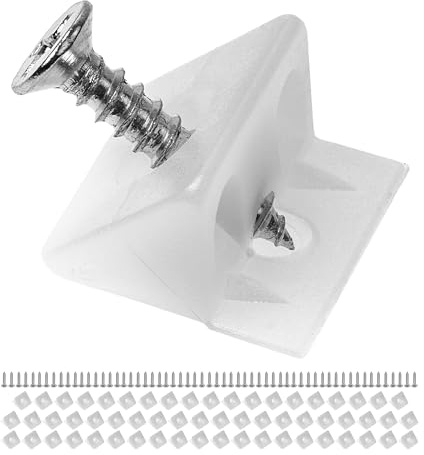 Cuñas para muebles para fondos de cajones y traseras de armarios que se descuelgan, 60 cuñas, con tornillos para madera de M2 x 16 mm, en blanco, de plástico, cantonera en forma de L de 14 x 9 mm