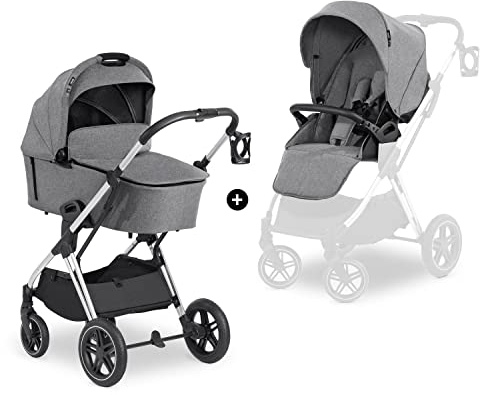 hauck 2 in 1 Kinderwagenset Vision X Set ab Geburt bis 22 kg mit Babywanne, wendbaren Sportsitz mit Beindecke und Liegefunktion, UPF 50+, Gummiräder, Getränkehalter, Zusammenklappbar (Melange Grey)