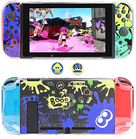 FUNDIARY Dockable Case Compatible with Nintendo Switch Accessories, Switch Case Cover for Splatoon 3, Protective Shell for Switch Console and Joy Con Controller with 2 Thumb Grip Caps