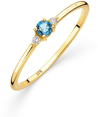 OROVI Damen Goldschmuck, Gold Ring mit Blautopas und 2 Diamanten 0.03 ct, Trilogie Ring, Verlobungsring, Edelstein, Gelbgold 9 Karat (375)