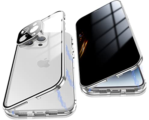 Jonwelsy Anti Peeping Hülle für iPhone 14 Pro Max, 360 Grad Schutz Case, Privatsphäre Gehärtetes Glas Anti-Spähen Cover, Stark Magnetische Adsorption Metallrahmen Handyhülle für 14 Pro Max (Silber)
