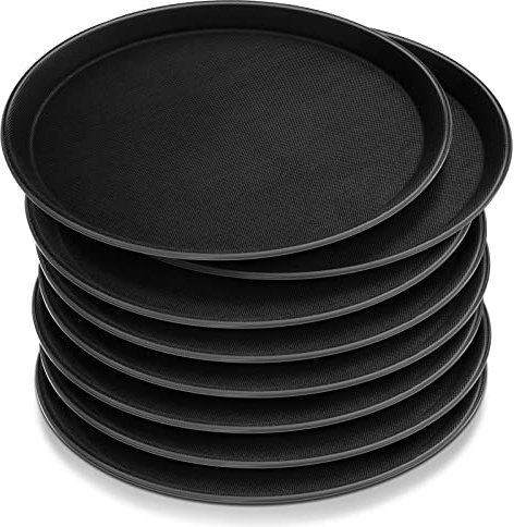 Zopeal 8 Pieces Black Round Restaurant Serving Tray, Plastic Non Slip Surface Food Meals Server Tray with Raised Edges for Home, Kitchen, Restaurant, Cafeteria, Bar (11)