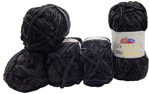 5 x 100 Gramm Himalaya Dolphin Star Strickwolle, Babywolle mit Glitzer, 500 Gramm Wolle Super Bulky (schwarz 92111)