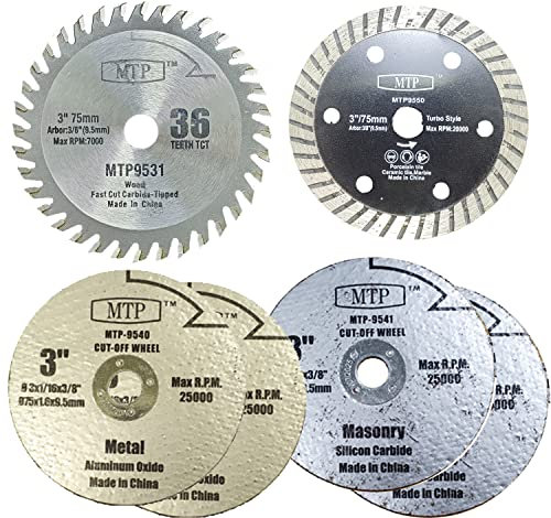 MTP 3 (75mm) 3 x 3/8 x Wood Plastic Metal Tile (3/8 9.5mm Arbor) Cutting Blade Compatible for Ryobi Worx Milwaukee Dewalt Cut Off Saw (6 Assorted 3 Blades)