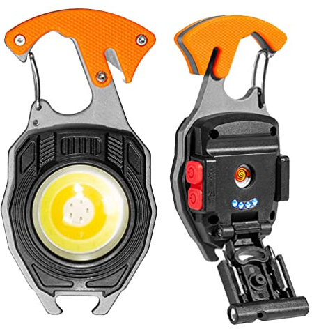 BY-J Multitool Keychain Flashlight, Rechargeable COB Pocket Work Light with Carabiner, Bottle Opener, Screwdriver, Magnetic Base, EDC Survival Emergency Gear Camping Gift for Men, Orange