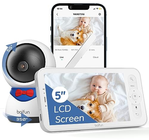 BOIFUN Babyphone mit Kamera App, Automatisches AI-Tracking, Zonenalarme, 1080P HD, PT 350°/55°, 4×Zoom, 5 Zoll LCD-Display Babyfon, Bewegungs/Geräuscherkennung