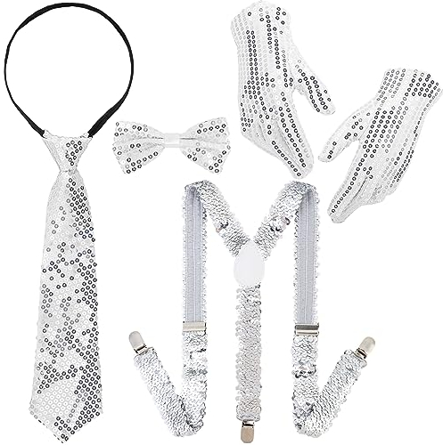 DPKOW 5 teiliges Shinny Pailletten Kostüm Hosenträger Fliege Krawattenhandschuh Glitzer Silberne für Jazz Hip-Hop Tanz Karneval Kostümzubehör Performance Dance für Männer Frauen Kinder, Verstellbare