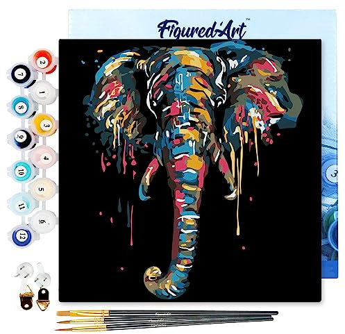 Figured'Art Mini Peinture par Numéro Adulte 20x20cm avec cadre Elephant - Petit Format Kit de Loisir Créatif DIY Numéro d'Art Complet