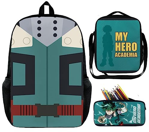 Jilijia Anime My Hero Academia Rucksack 3-teiliges Schulranzen-Set MHA Bedruckter modischer Rucksack Umhängetasche Federmäppchen für Schüler Kinder Teenager, Midoriya Izuku, 45×33×14 cm,