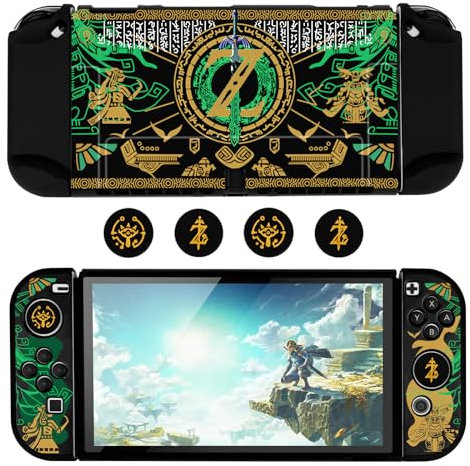 DLseego Coque pour Switch OLED,Mince Cool Dockable Protecteur Coque,Étui en PC Dur Cover avec Joycon Cover et Capuchons de Poignée de Pouce Compatible avec Switch OLED,Noir Vert