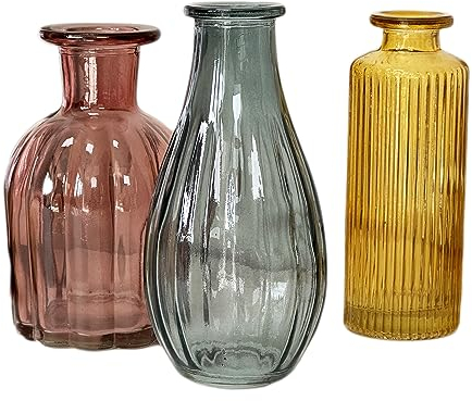 Boho Glass Bud Vases Set Of 3 Coloured Bottle Flower Stem Holders Wedding Decor