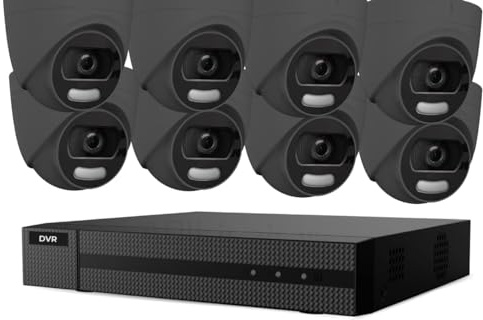 HIZONE PRO 16CH 5MP 24/7 Colorful HD Turret Camera CCTV Security System with 1x 5MP 1U H.265 DVR & 8x 5MP Grey Camera with IP67, 2.8mm Fixed Focal Length | Smart Light rang up to 20M (NO HDD)